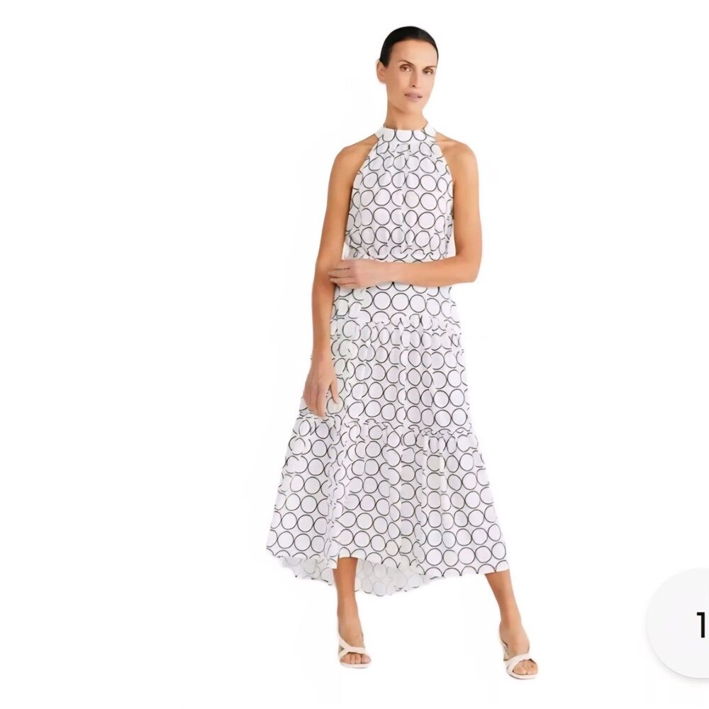 Brave+True Greta Cream Navy Circle Print Halter Maxi Dress XS NWT Quiet Luxury